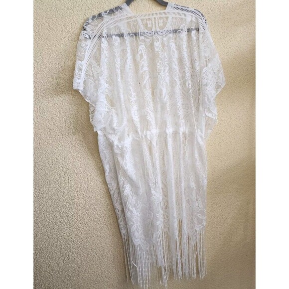 Women’s One Size Lace Swimsuit CoverUp Kimono White New Sheer Mesh Fringed Midi - Picture 10 of 11